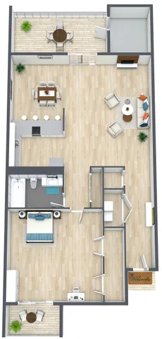 Elegant 2D floor plan showcasing a modern 1-bedroom apartment with an open-concept living room, sleek kitchen, spacious bathroom, cozy home office area, and large balcony for outdoor dining.