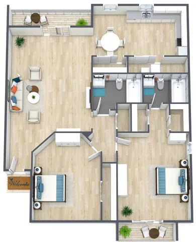 Contemporary 3D floor plan showcasing 2 bedrooms, spacious living room, modern kitchen, and dual balconies for optimal comfort.