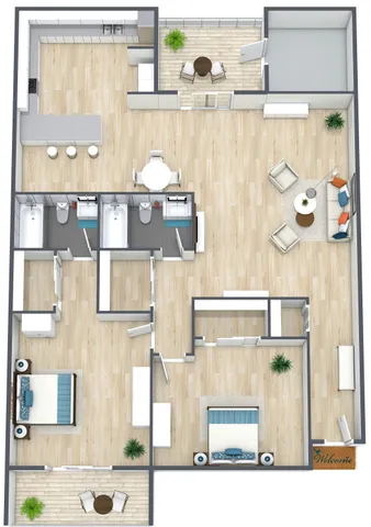 Spacious 3D floor plan showcasing three elegant bedrooms, two modern bathrooms, and an open-concept kitchen with a breakfast bar. Features include a cozy living area, dedicated dining space, and two inviting balconies for outdoor relaxation.