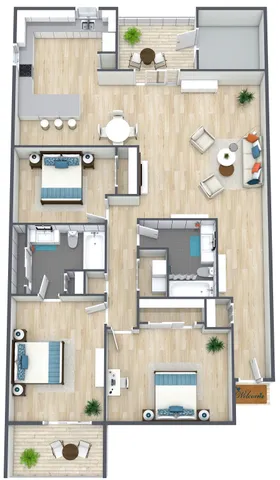 Charming 3D apartment floor plan featuring three spacious bedrooms, an open living area with stylish seating, and a modern kitchen with a breakfast bar. Includes two sleek bathrooms and two inviting balconies, perfect for relaxation.
