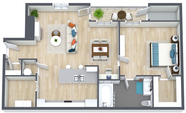 Modern open-plan apartment showing a spacious living room, dining area, and kitchen. Features a serene bedroom, elegant bathroom, and charming balcony space.