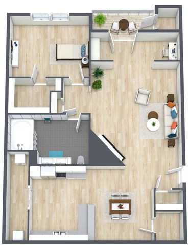 Elegant floor plan showcasing 2 bedrooms, spacious open-concept living area, modern kitchen, and private balcony with seating.