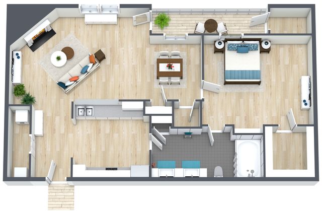 Sophisticated 2D floor plan featuring a spacious bedroom, open-plan living and dining area, modern kitchen, luxurious bathroom, and a charming balcony.