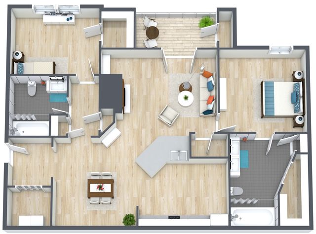 Modern 2D floor plan showcasing a spacious 2-bedroom apartment with an open-concept living and dining area, stylish kitchen, two bathrooms, and a charming balcony.