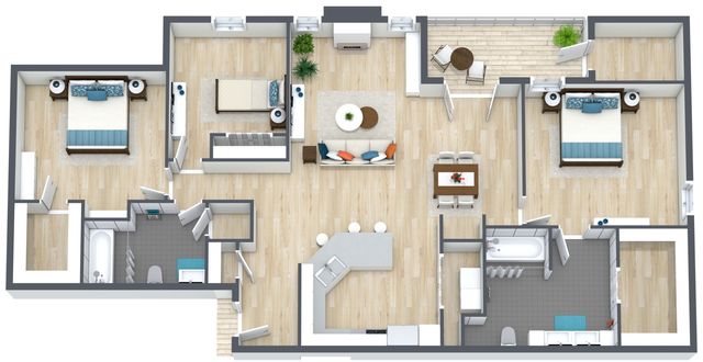 Modern 3D floor plan showcasing three spacious bedrooms, two elegant bathrooms, open-concept living and dining area, and a stylish kitchen with an inviting balcony.