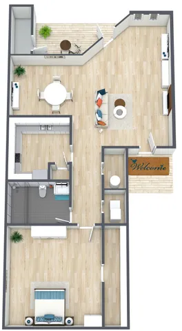 Elegant floor plan showcasing a spacious one-bedroom layout with an open-concept living area, modern kitchen, and cozy outdoor patio.