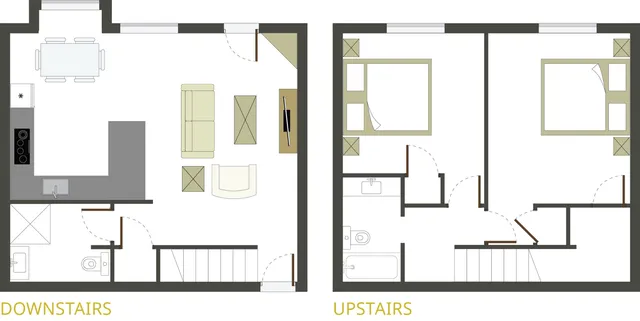 Modern two-story floor plan with an open-concept living area and kitchen downstairs, and two cozy bedrooms plus a bathroom upstairs.