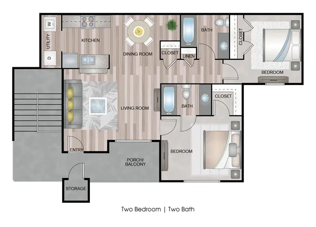 Elegant 2D floor plan showcasing a modern two-bedroom, two-bath layout with a cozy living room, dining area, and stylish kitchen. Includes a porch balcony and utility space.
