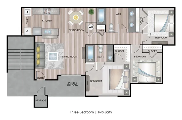 Modern three-bedroom floor plan featuring two stylish bathrooms, an open-concept living room, and a spacious kitchen with dining area, ideal for comfortable living.