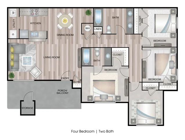 Contemporary four-bedroom, two-bath floor plan showcasing a spacious living room, modern kitchen, and inviting porch with balcony.