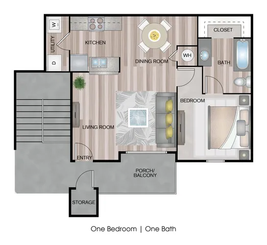 Elegant one-bedroom apartment floor plan with open living and dining area, spacious kitchen, cozy bedroom, and inviting porch/balcony.