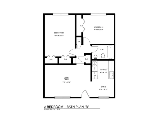 Elegant 2D floor plan showcasing a 2 bedroom, 1 bath layout with a spacious living room, well-appointed kitchen, and cozy dining area.