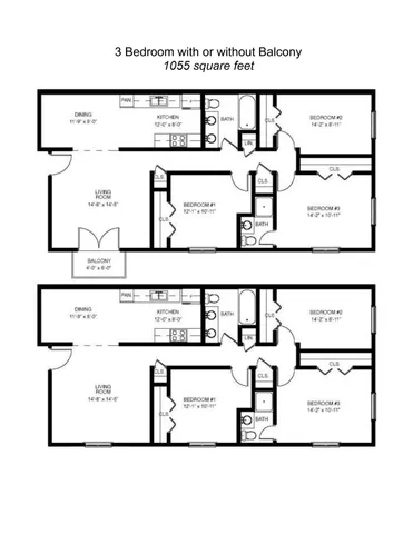 Versatile floor plan showcasing a 3-bedroom layout with optional balcony, spacious living room, modern kitchen, and two bathrooms, encompassing 1055 square feet.