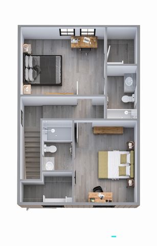 Modern floor plan showcasing two elegant bedrooms, two stylish bathrooms, and two versatile workspaces, perfect for remote work.