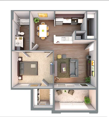 Contemporary 3D floor plan showcasing a spacious one-bedroom apartment with an open living area, modern kitchen, and private balcony.