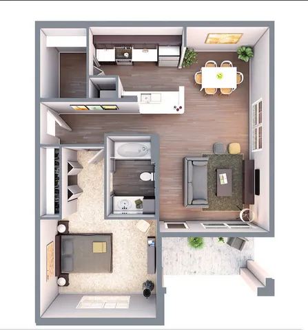 Modern apartment floor plan with one bedroom, a cozy living room, sleek kitchen, and dining area, perfect for contemporary living.