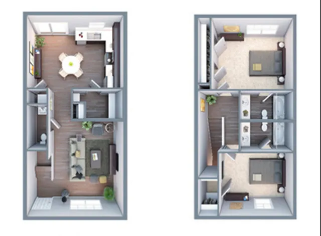 Modern 3D floor plan showcasing a chic two-story apartment with open-concept living and dining areas, two spacious bedrooms, and dual bathrooms.