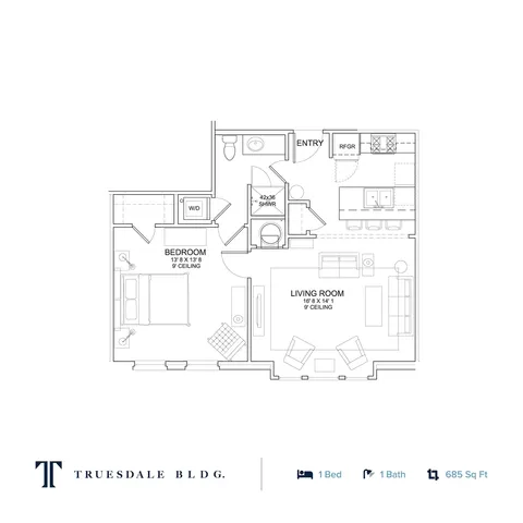 Stylish floor plan of Truesdale Building showcasing 1 bedroom, 1 bath, and an open-concept living area with a modern kitchen, spanning 685 sq ft.
