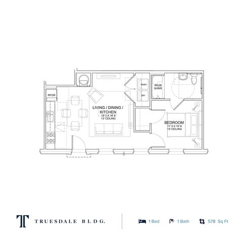 Truesdale Building floor plan featuring a modern 1 bedroom, 1 bath layout with open living, dining, and kitchen areas, spanning 578 sq ft.