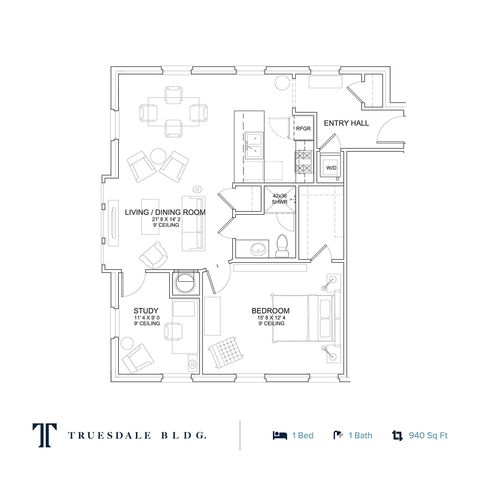 Modern floor plan of Truesdale Building featuring 1 bedroom, a study, and an open living/dining room. Located in a spacious 940 sq ft layout with stylish design.
