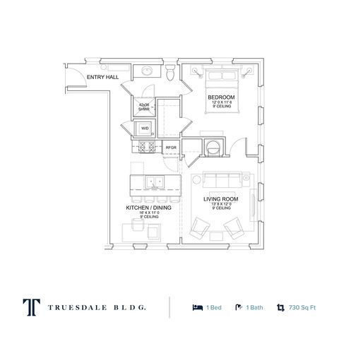 Truesdale Building cozy apartment floor plan featuring 1 bedroom, a spacious living room, and a modern kitchen/dining area, all in 730 sq ft.