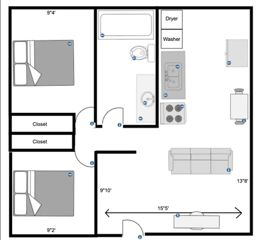 Modern apartment floor plan featuring 2 bedrooms, open living area, sleek kitchen, and in-unit washer and dryer.