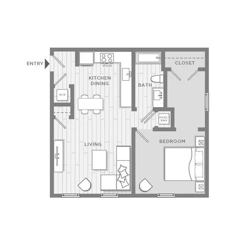 Modern 1 bedroom floor plan featuring a spacious kitchen connected to dining, cozy living area, and convenient bath with ample storage.