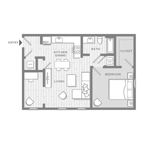 Chic modern floor plan with one bedroom, stylish kitchen, and inviting living room. Includes a spacious bathroom and cozy closet space.