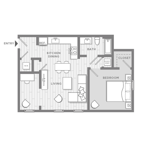 Modern floor plan showcasing a spacious one-bedroom apartment with open kitchen-dining area, cozy living space, and stylish bathroom.