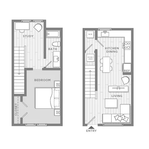 Modern 2-level floor plan featuring a spacious bedroom, study, bath, and open-concept kitchen-dining-living area with contemporary design.