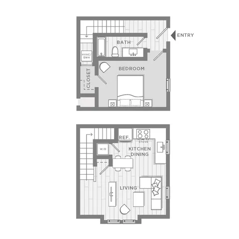 Chic 2-story floor plan featuring a spacious bedroom and bath upstairs, open-concept kitchen, dining, and living area downstairs.