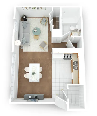Modern open-concept floor plan showcasing a cozy living room, stylish dining area, sleek kitchen, and a spacious bathroom.