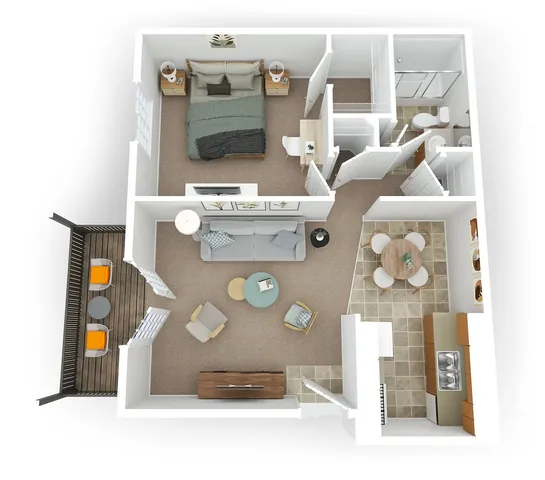 Modern 3D floor plan showcasing a cozy bedroom, stylish living room, and elegant kitchen with dining area, plus an inviting balcony space.