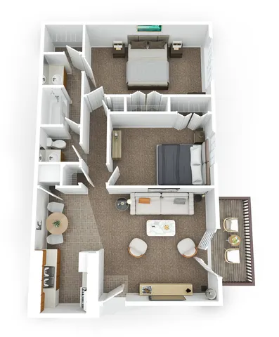 Modern 3D floor plan showcasing 2 bedrooms, cozy living area, and stylish kitchen with adjacent dining space. Includes two bathrooms and a charming private balcony.