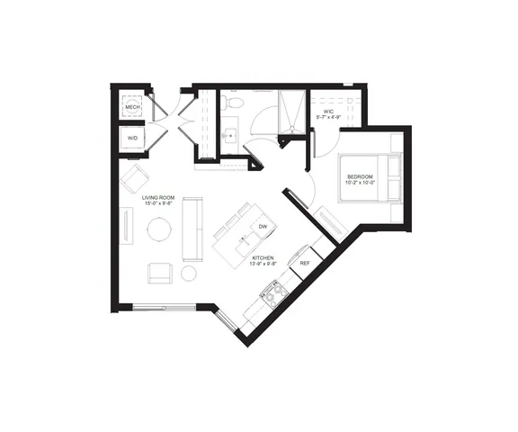 Modern floor plan featuring 1 bedroom, a stylish open-concept living room, and a well-equipped kitchen with dining area.