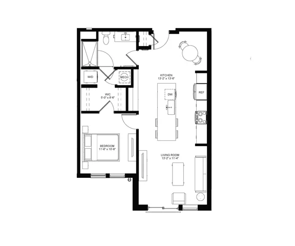 Chic floor plan featuring a spacious bedroom, open kitchen with island, and a cozy living room, perfect for modern living.