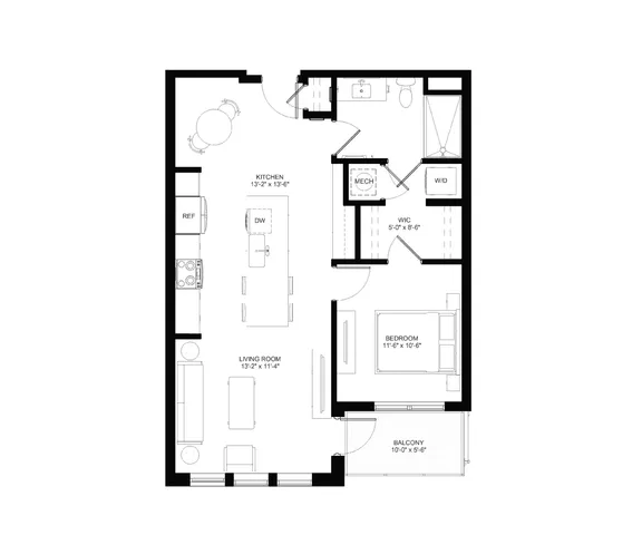 Modern 1-bedroom apartment floor plan featuring an open-concept kitchen and living area, spacious walk-in closet, and private balcony.