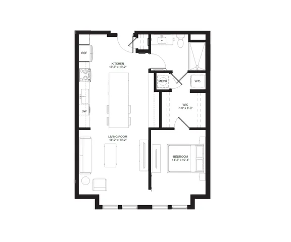 Modern apartment floor plan featuring an open-concept kitchen and living room, spacious bedroom with walk-in closet, and convenient in-unit laundry setup.