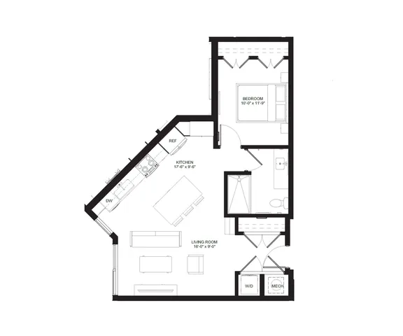Modern floor plan showcasing a spacious open-concept kitchen and living room, a cozy bedroom, and a well-appointed bathroom, ideal for urban living.
