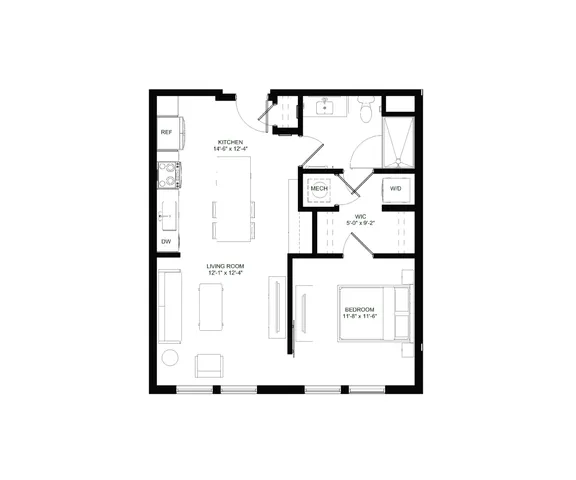 Modern floor plan showcasing a spacious 1-bedroom apartment with an open kitchen and living room area, plus a walk-in closet.