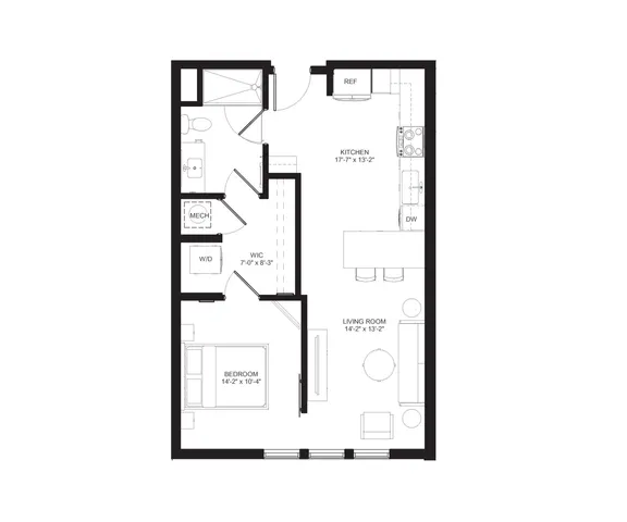 Modern apartment floor plan showcasing 1 spacious bedroom, open kitchen, and cozy living room with elegant layouts.