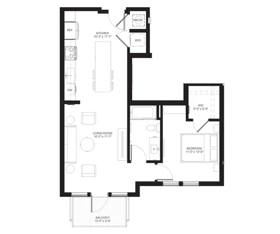 Modern floor plan showcasing a spacious 1-bedroom apartment with an open-concept kitchen, cozy living room, and private balcony. Includes a walk-in closet and washer/dryer setup.