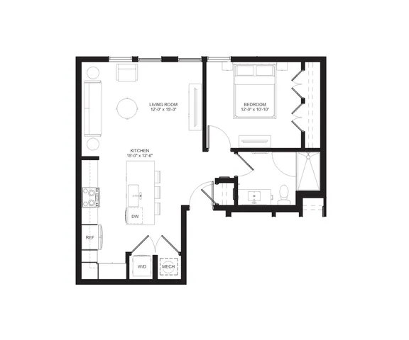 Modern floor plan featuring a spacious 1-bedroom, open-concept kitchen and living room, with an inviting layout and ample storage space.