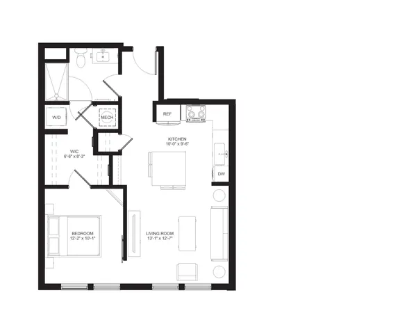 Contemporary 1-bedroom apartment floor plan with spacious living room, open kitchen, and convenient walk-in closet.