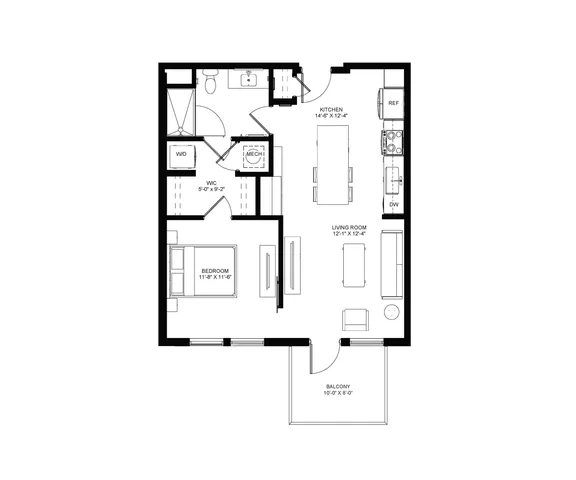 Modern floor plan showcasing 1 spacious bedroom, a chic living room, efficient kitchen, balcony, and convenient laundry area.