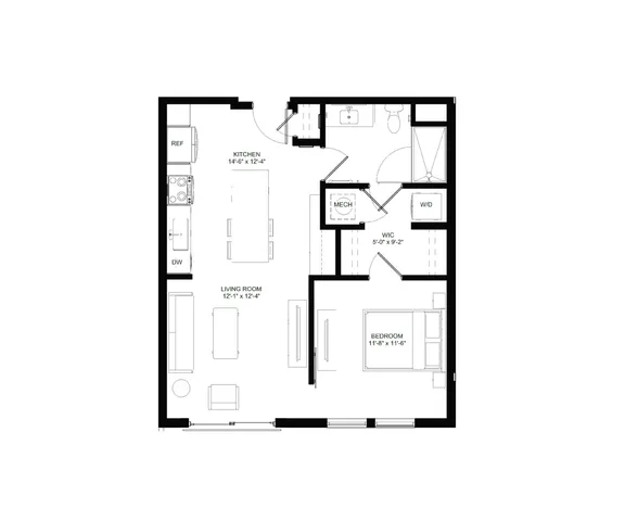 Modern floor plan showcasing a spacious bedroom, open kitchen, and inviting living room with sleek design elements.