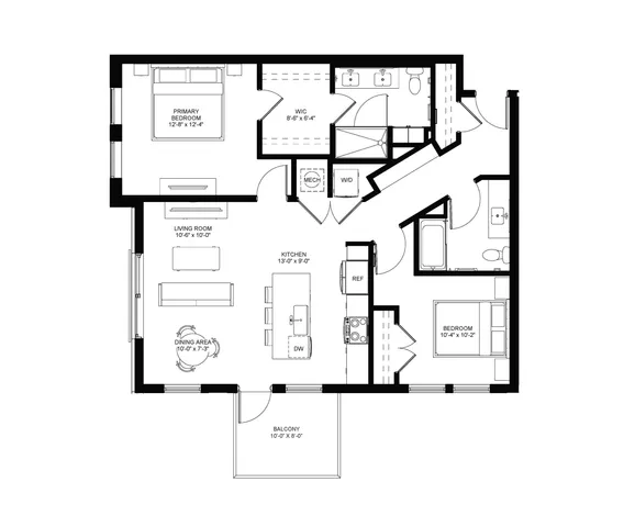 Elegant floor plan featuring a spacious layout with 2 bedrooms, stylish kitchen, cozy living room, and a relaxing balcony.
