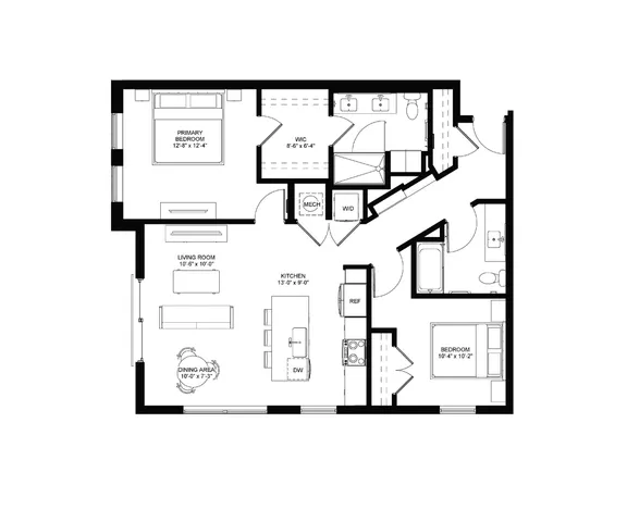 Modern floor plan featuring 2 bedrooms, spacious kitchen with island, open living and dining area, and convenient walk-in closet.