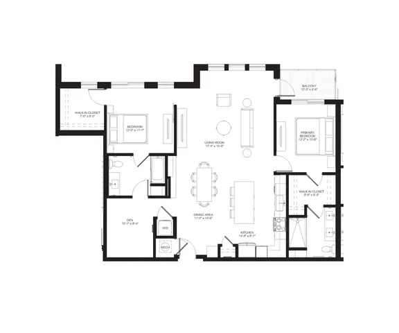Contemporary floor plan featuring 2 bedrooms, a spacious living room, a modern kitchen, and a private balcony for a luxurious living experience.