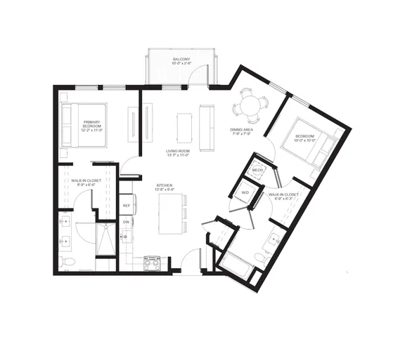 Elegant floor plan featuring 2 bedrooms, an open-concept kitchen and living room, dining area, and a private balcony.